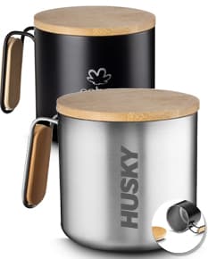 Caneca Bambu 330ml com design moderno e sustentável, ideal para bebidas quentes.