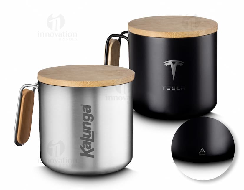 Caneca Bambu 330ml com design moderno e sustentável, ideal para bebidas quentes.