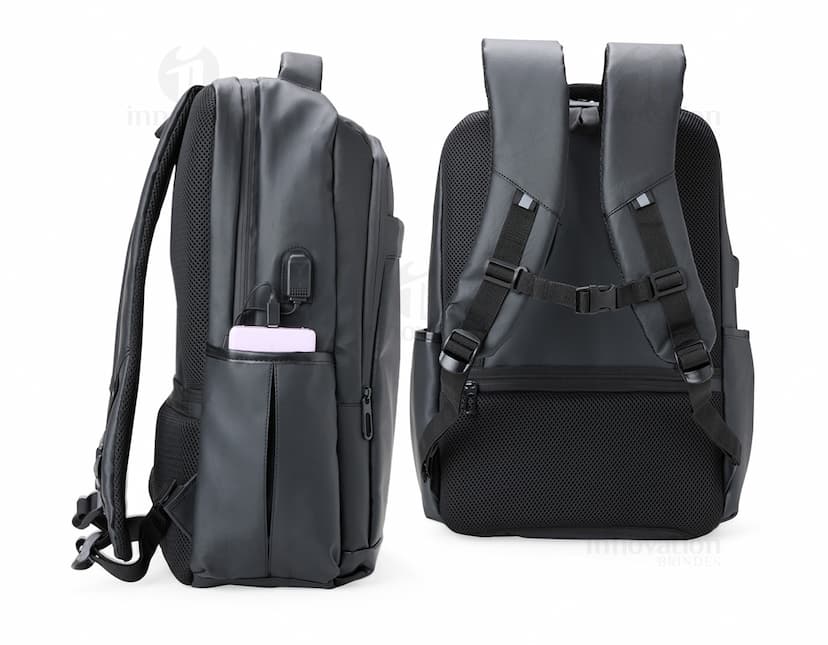 Mochila de couro sintético preta com capacidade de 36 litros, possui entrada USB para carregar dispositivos eletrônicos.