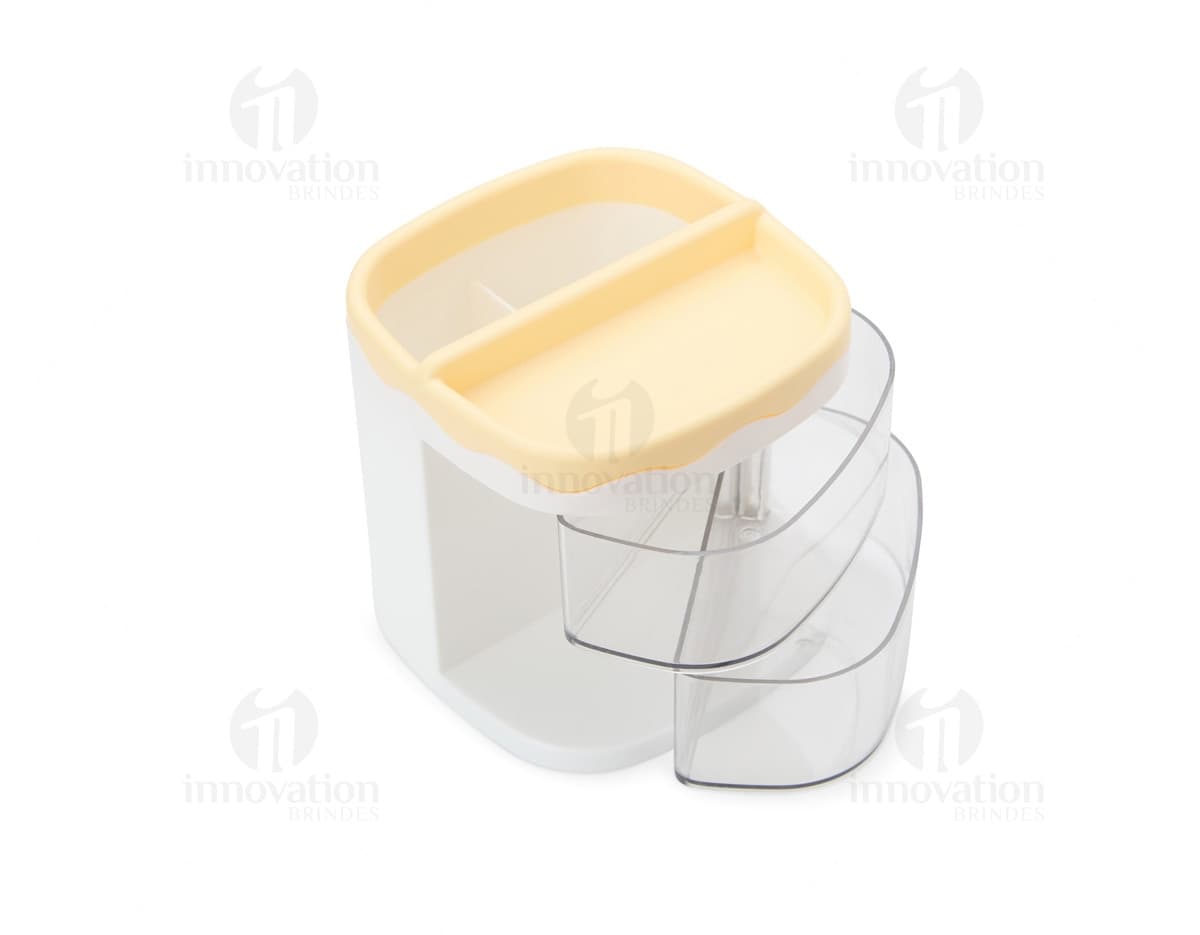 Organizador de Mesa em madeira com divisórias e gaveta, ideal para armazenar papéis e materiais de escritório.