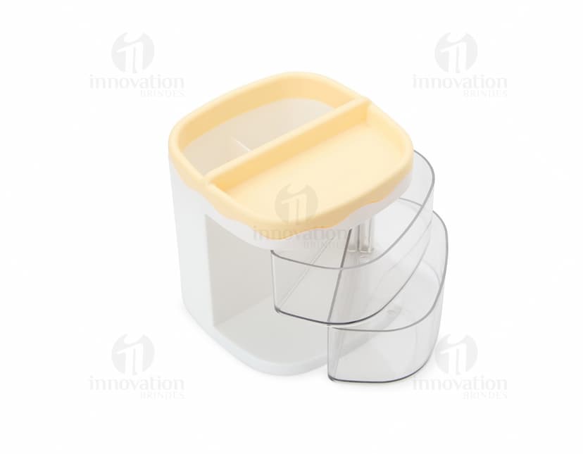 Organizador de Mesa em madeira com divisórias e gaveta, ideal para armazenar papéis e materiais de escritório.