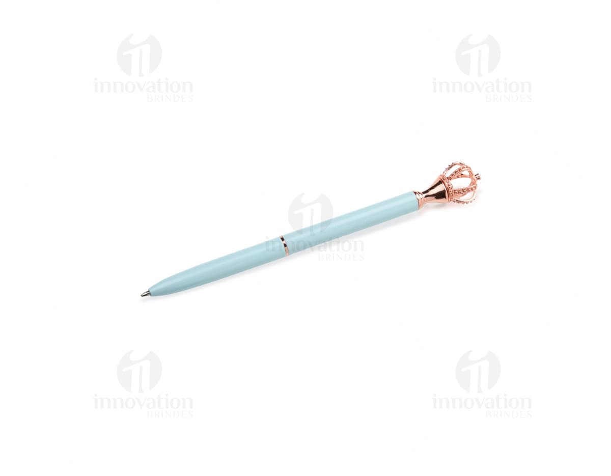 Caneta metal coroa de cor prateada, com design elegante e detalhes em relevo.
