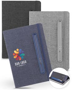 Caderno Capa em RPET preto, feito de couro, contendo dinheiro, chaves, computador, notebook, dispositivos, botões, caneta, símbolos de dinheiro e escritório.
