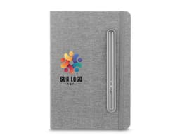 Black RPET Cover Notebook, made of leather, containing money, keys, computer, notebook, devices, buttons, pen, money and