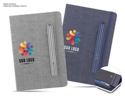 Black RPET Cover Notebook, made of leather, containing money, keys, computer, notebook, devices, buttons, pen, money and