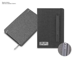Black RPET Cover Notebook, made of leather, containing money, keys, computer, notebook, devices, buttons, pen, money and