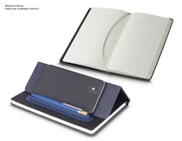 Black RPET Cover Notebook, made of leather, containing money, keys, computer, notebook, devices, buttons, pen, money and