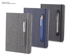 Black RPET Cover Notebook, made of leather, containing money, keys, computer, notebook, devices, buttons, pen, money and