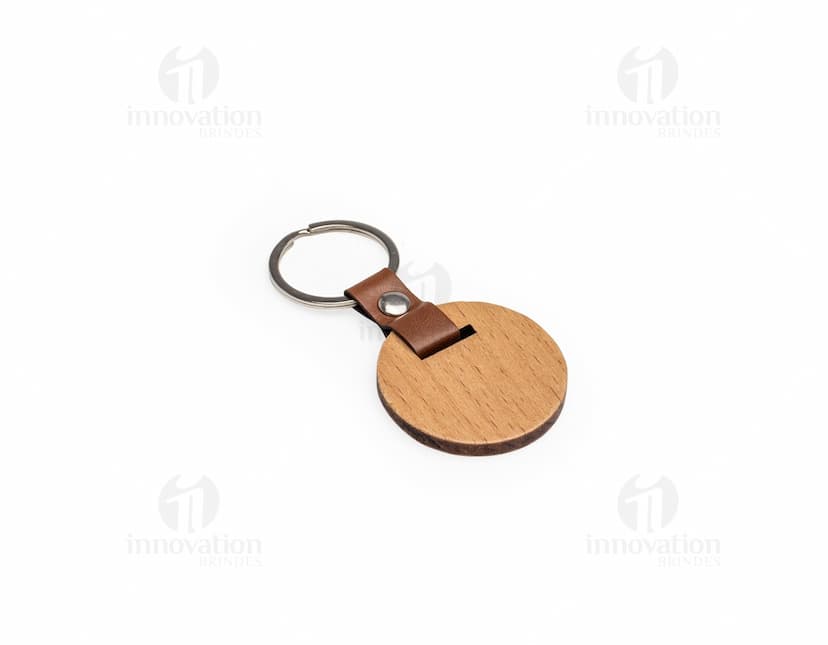 Chaveiro feito de madeira, com um design simples e elegante.
