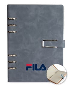 Caderno Fichário PU em cor preta, com fecho magnético e ferragem prateada.