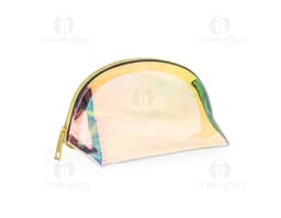 Neceser de plástico holográfico en formato rectangular, con cremallera plateada y asa de mano.