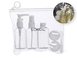Kit Viagem 6 Peças: Conjunto de produtos para viagem, incluindo necessaire, porta-passaporte, etiquetas de bagagem, almofada