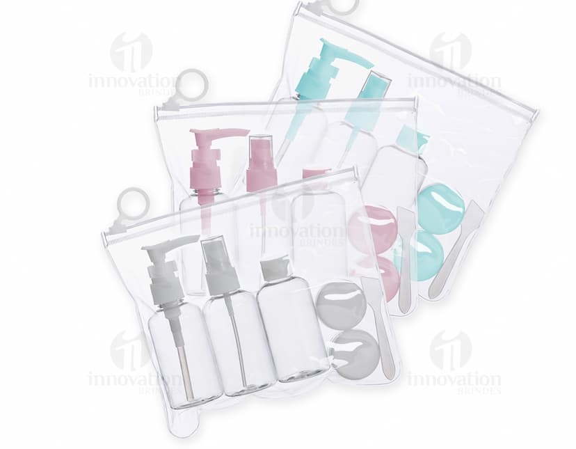 Kit Viagem 6 Peças: Conjunto de produtos para viagem, incluindo necessaire, porta-passaporte, etiquetas de bagagem, almofada e máscara para os olhos.