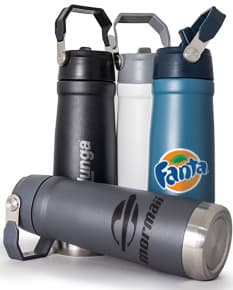 Garrafa Térmica 630ml na cor azul com tampa de rosca e alça de transporte.