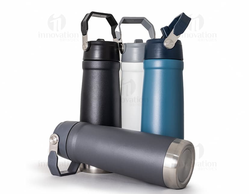 Garrafa Térmica 630ml na cor azul com tampa de rosca e alça de transporte.