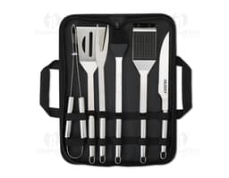 Image of a BBQ Tool Set 6 Pieces, containing tools and utensils for BBQ, such as knife, fork, spatula, tongs, and brush, in a