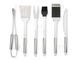 Image of a BBQ Tool Set 6 Pieces, containing tools and utensils for BBQ, such as knife, fork, spatula, tongs, and brush, in a