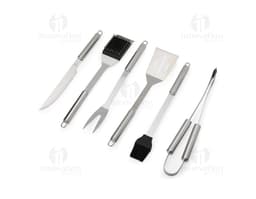 Image of a BBQ Tool Set 6 Pieces, containing tools and utensils for BBQ, such as knife, fork, spatula, tongs, and brush, in a