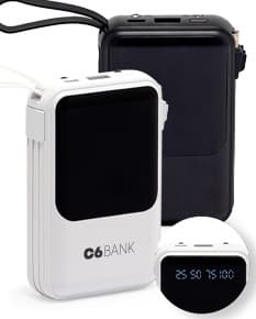 Power Bank preto com capacidade de 10.000 mAh, indicador de bateria em LED e duas portas USB para carregamento.