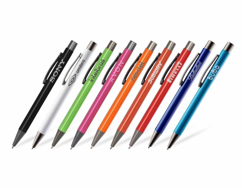 Caneta Metal 1.0mm em cores vivas e vibrantes sobre um fundo branco. O design moderno e elegante do instrumento de escrita é ideal para uso em escritório, escola ou negócios. O traço preciso e a ponta de 1.0mm garantem um resultado limpo e profissional em qualquer tipo de papel.