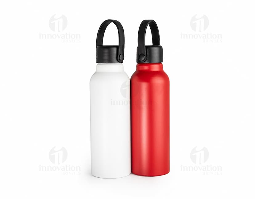 Garrafa de alumínio de 800ml transparente, com tampa amarela. Produto contém rótulo de design limpo e está cheio de água. A garrafa é um recipiente de líquido saudável e fresco, ideal para hidratação e cuidados pessoais.