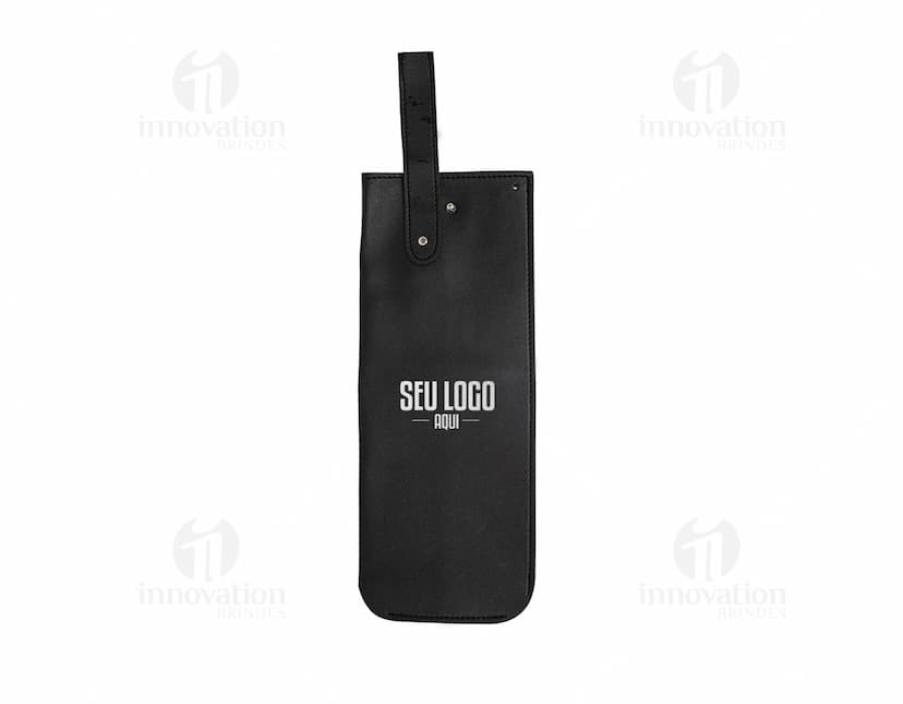 Porta Vinho PU preto com alça de couro, design elegante e prático para transportar garrafas de vinho com segurança.