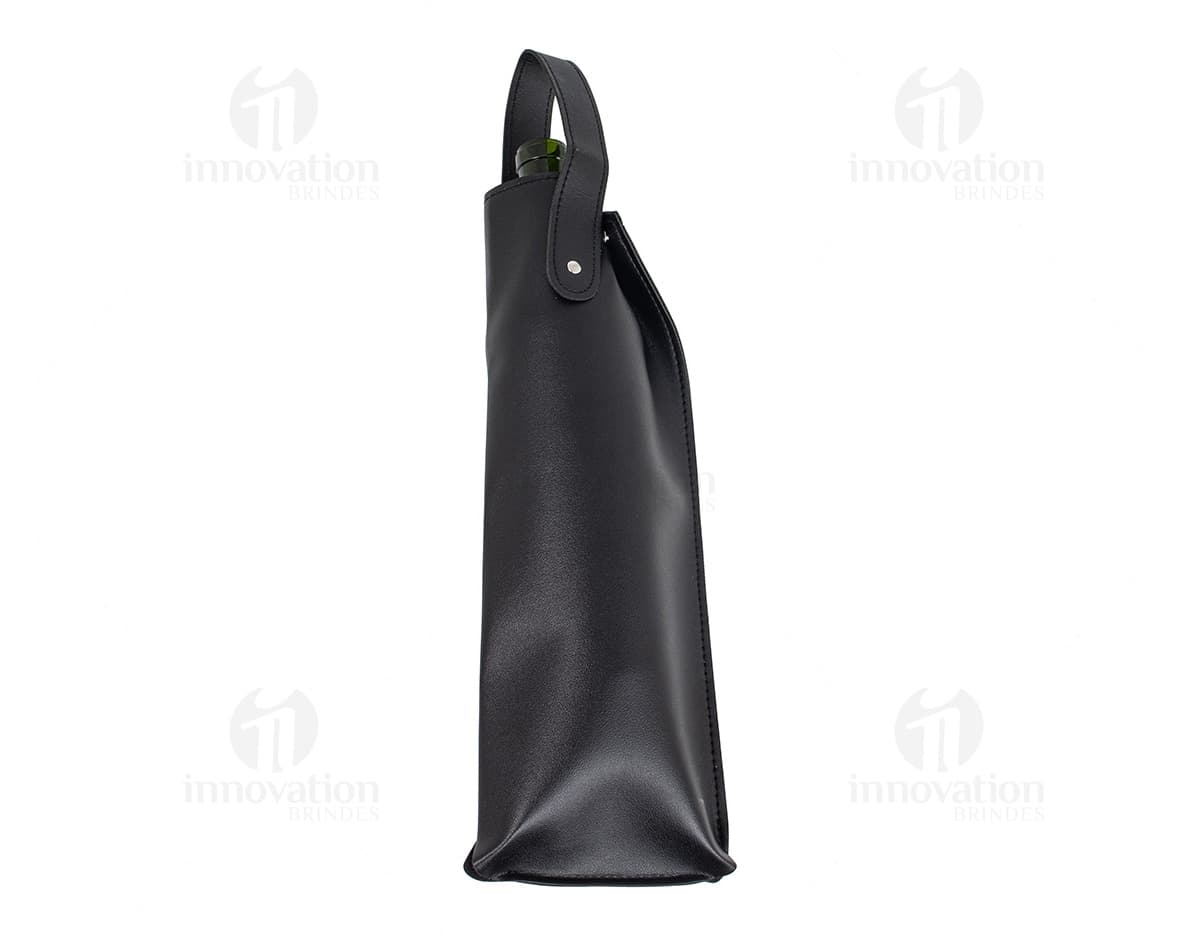 Porta Vinho PU preto com alça de couro, design elegante e prático para transportar garrafas de vinho com segurança.