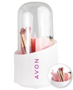Organizador de pincéis colorido e brilhante contendo diversos tipos de pincéis, lápis, batons e outros acessórios de maquiagem. Acessório de higiene e cuidados pessoais com design moderno e prático para organizar seus itens de beleza.