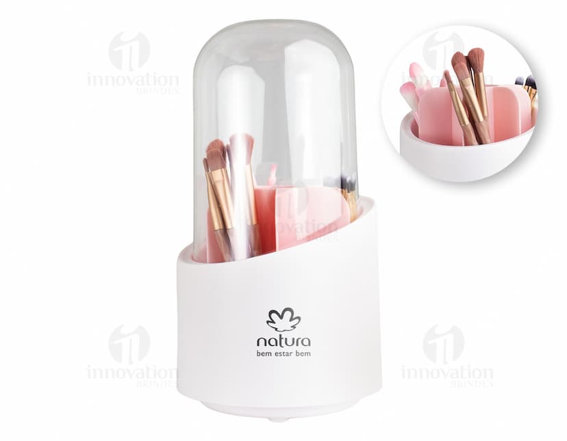 Organizador de pincéis colorido e brilhante contendo diversos tipos de pincéis, lápis, batons e outros acessórios de maquiagem. Acessório de higiene e cuidados pessoais com design moderno e prático para organizar seus itens de beleza.
