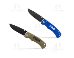 Stainless steel pocket knife with black handle and folding blade.