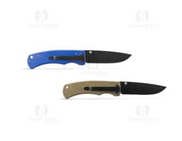 Stainless steel pocket knife with black handle and folding blade.