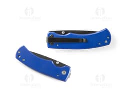 Stainless steel pocket knife with black handle and folding blade.
