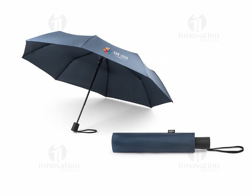 Guarda-chuva em rPET dobrável de cor preta, com cabo anatômico e sistema de abertura automática.