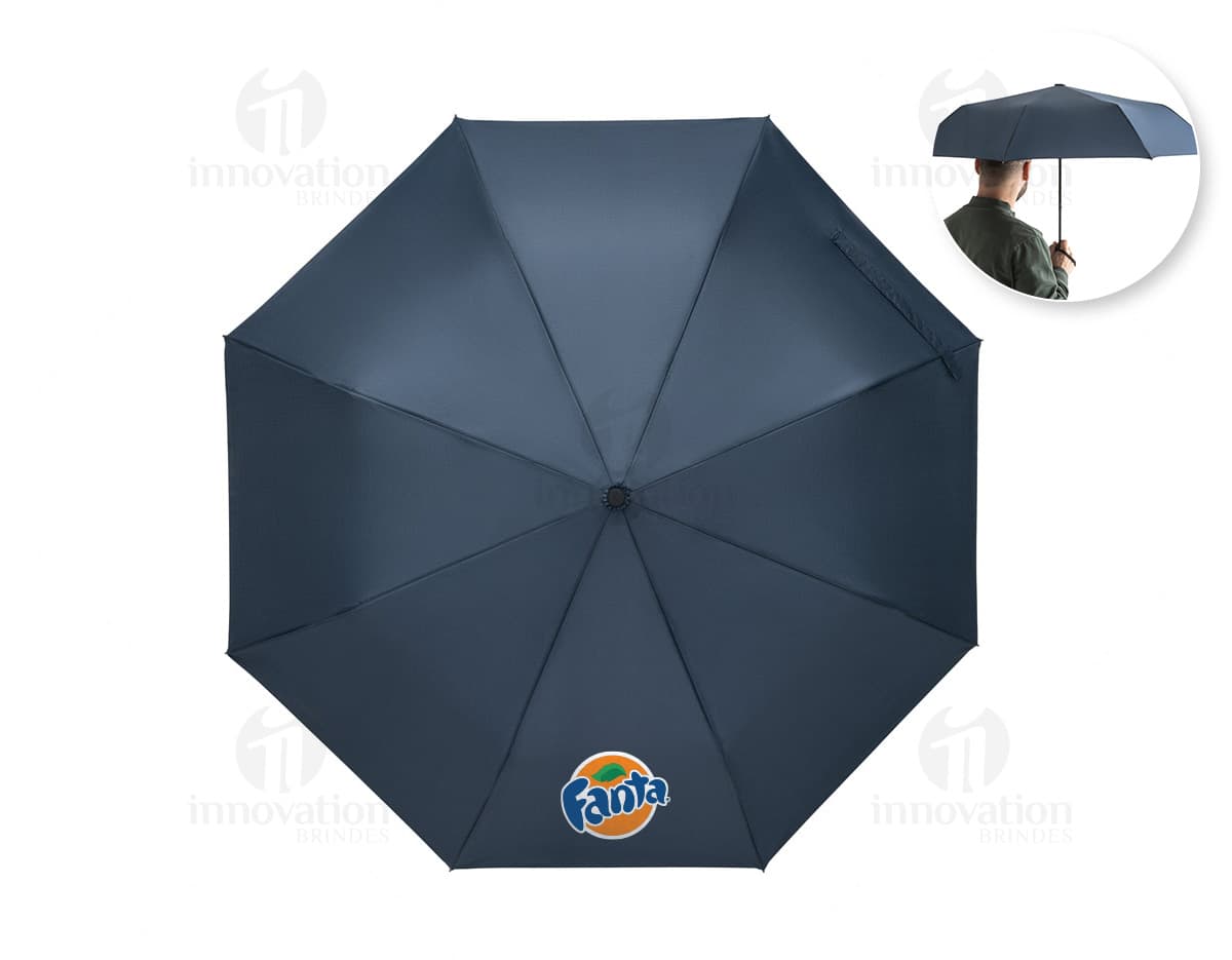 Guarda-chuva em rPET dobrável de cor preta, com cabo anatômico e sistema de abertura automática.