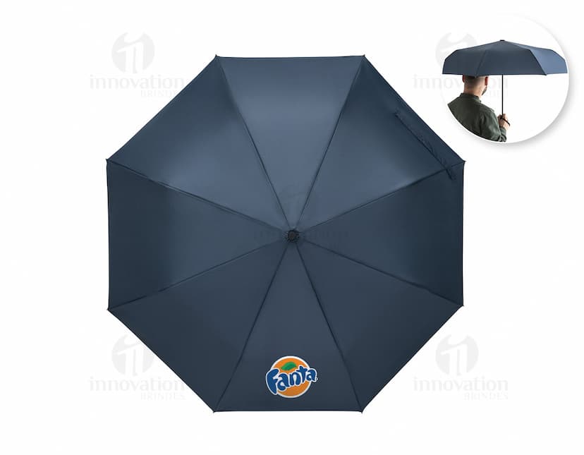 Guarda-chuva em rPET dobrável de cor preta, com cabo anatômico e sistema de abertura automática.