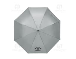 Parapluie en rPET pliable de couleur noire, avec une poignée anatomique et un système d'ouverture automatique.
