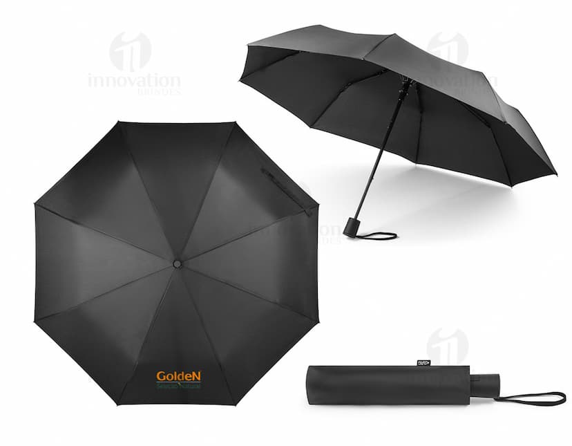 Guarda-chuva em rPET dobrável de cor preta, com cabo anatômico e sistema de abertura automática.