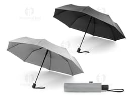 Parapluie en rPET pliable de couleur noire, avec une poignée anatomique et un système d'ouverture automatique.