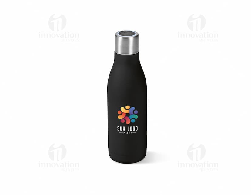 Garrafa de aço inox com tampa rosqueável e design moderno em cor prata.