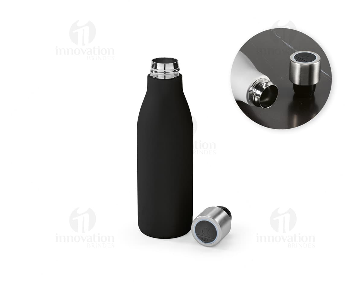 Garrafa de aço inox com tampa rosqueável e design moderno em cor prata.