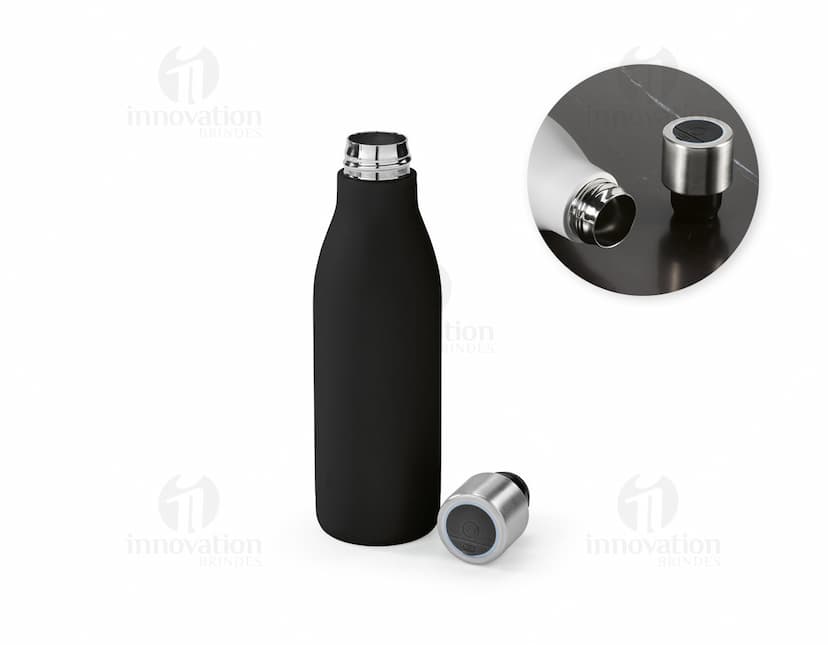Garrafa de aço inox com tampa rosqueável e design moderno em cor prata.