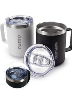 Caneca Térmica de 350ml, ideal para manter a temperatura da bebida por mais tempo. A caneca é de cor branca e possui tampa com abertura para beber.
