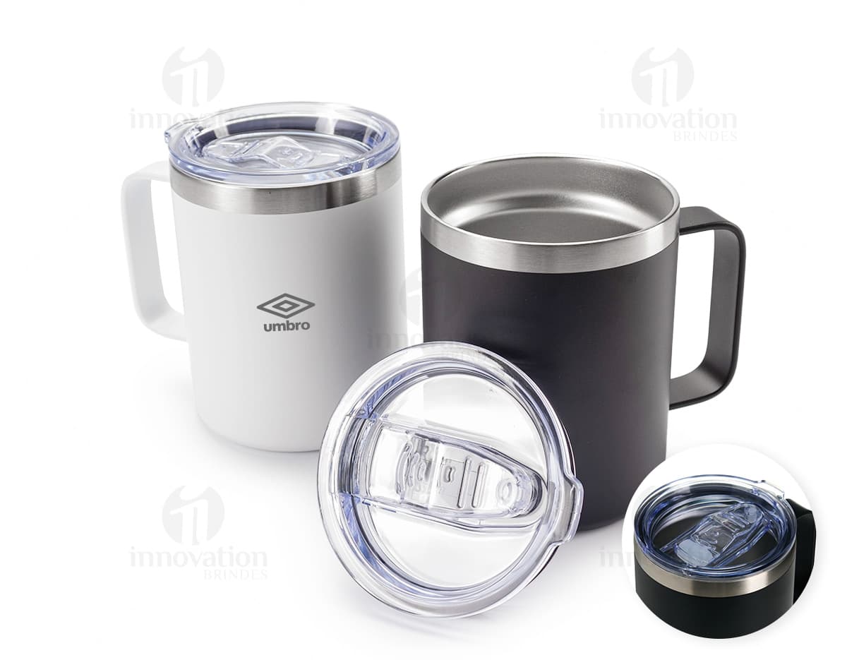 Caneca Térmica de 350ml, ideal para manter a temperatura da bebida por mais tempo. A caneca é de cor branca e possui tampa com abertura para beber.