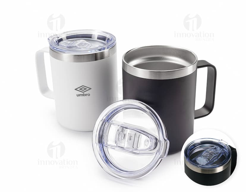 Caneca Térmica de 350ml, ideal para manter a temperatura da bebida por mais tempo. A caneca é de cor branca e possui tampa com abertura para beber.