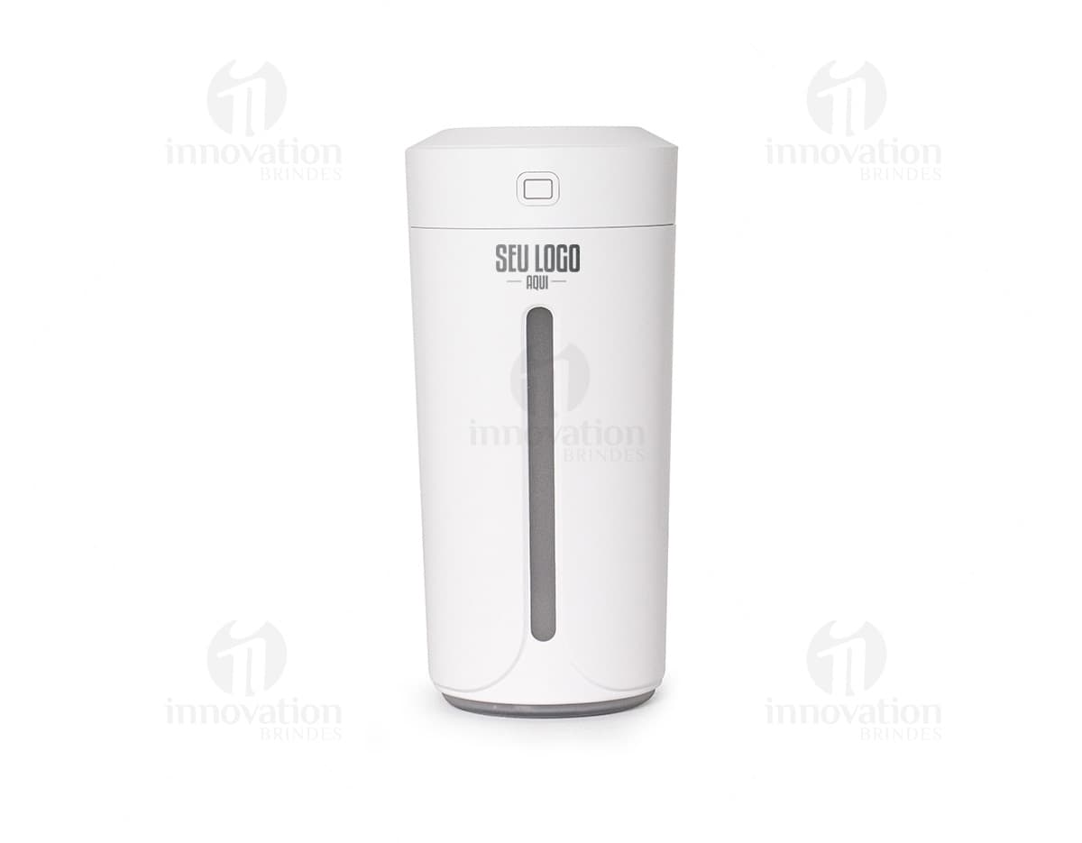 Umidificador com LED azul e design moderno.