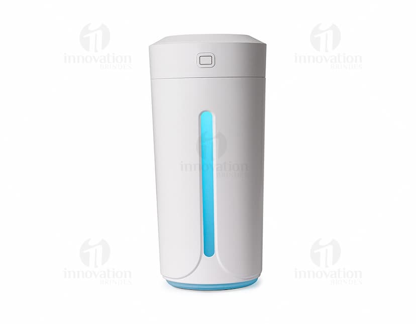 Umidificador com LED azul e design moderno.