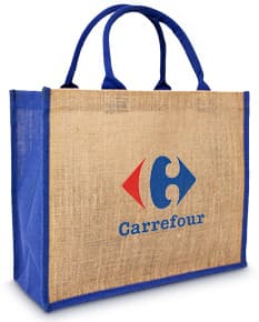 Sacola de juta na cor marrom, com alças reforçadas e detalhes em tecido cru. Ideal para compras sustentáveis e ecologicamente corretas.