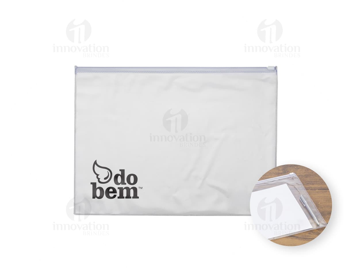 Embagem da Pasta Zip Zap em destaque, contendo diversos envelopes coloridos e uma aba transparente para fechamento.