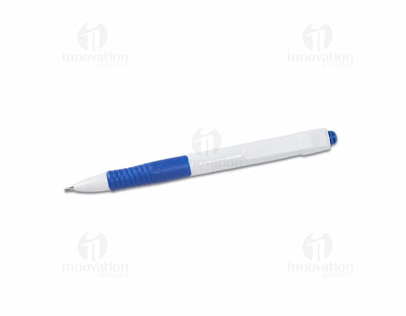 Caneta plástica azul com tampa e corpo transparente.