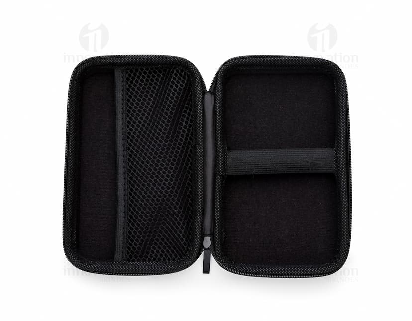 Estojo de couro sintético preto vazio, com design moderno e textura de couro. No interior, há espaço para armazenar um notebook, documentos e dinheiro. O estojo possui fecho de botão, costura de alta qualidade e é ideal para uso pessoal ou profissional.